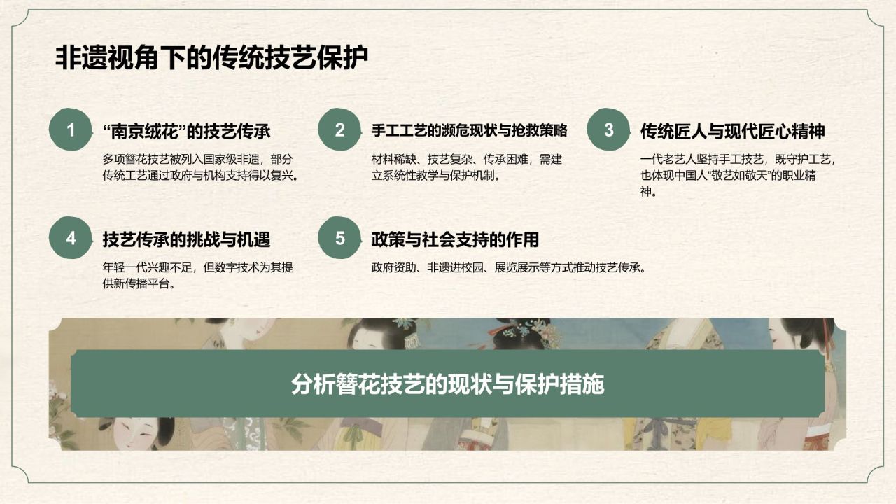 绿色复古风簪花在文化遗产中的地位PPT模板
