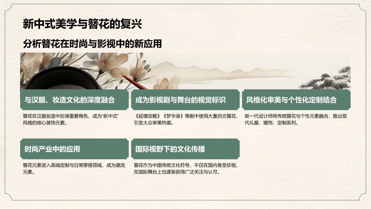 绿色复古风簪花在文化遗产中的地位PPT模板