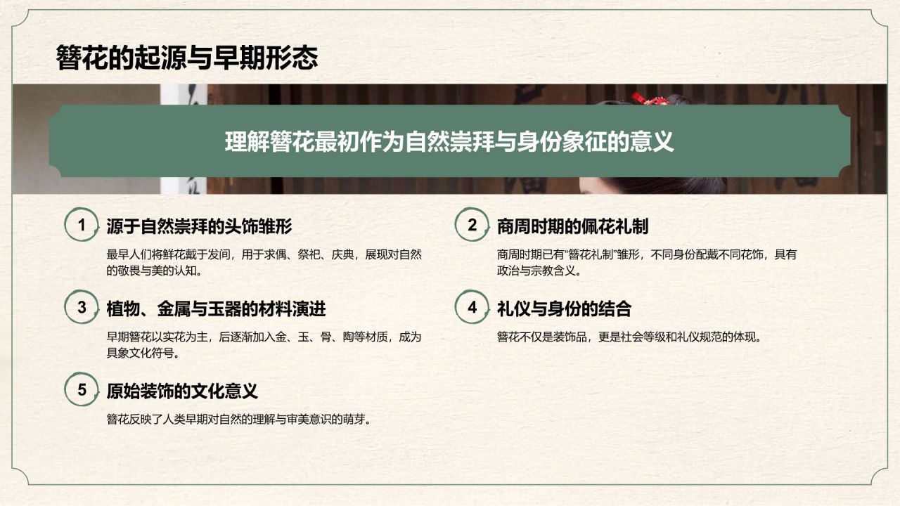 绿色复古风簪花在文化遗产中的地位PPT模板