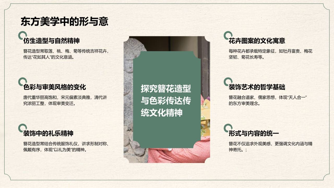 绿色复古风簪花在文化遗产中的地位PPT模板
