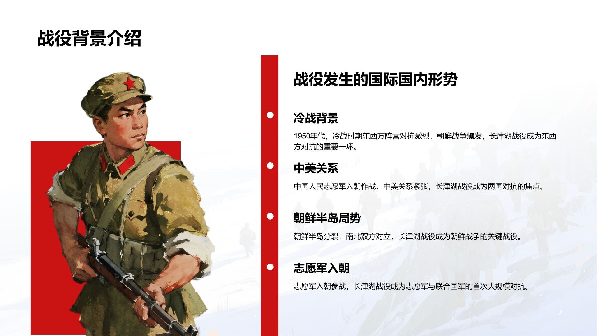 红色插画风长津湖战役英勇事迹PPT模板