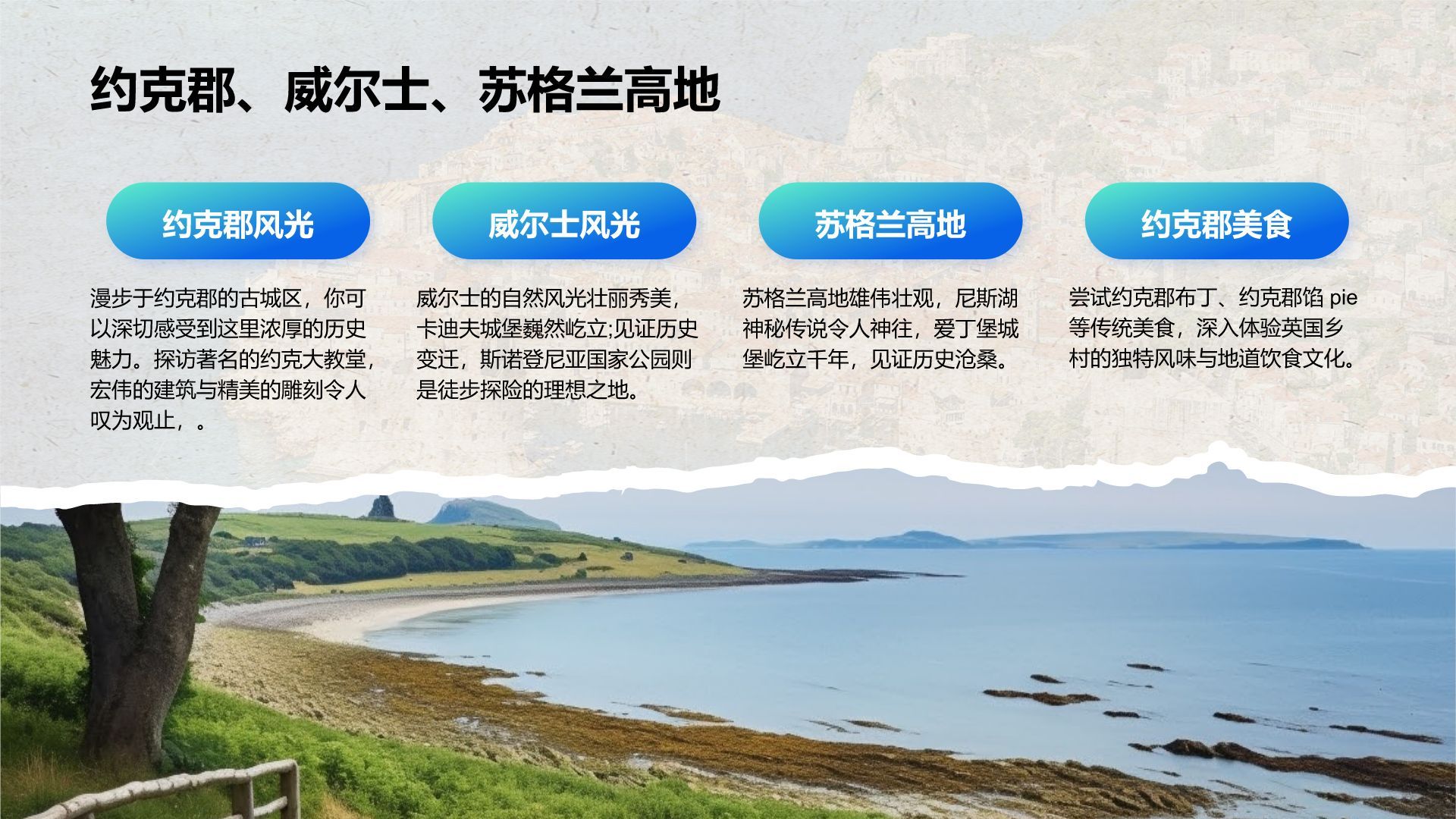 蓝色摄影风欧洲经典路线旅行攻略PPT模板