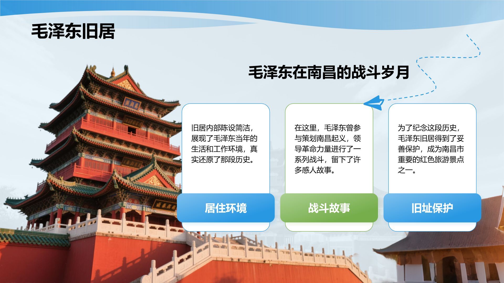 蓝色摄影风南昌红色旅游景点推荐PPT模板