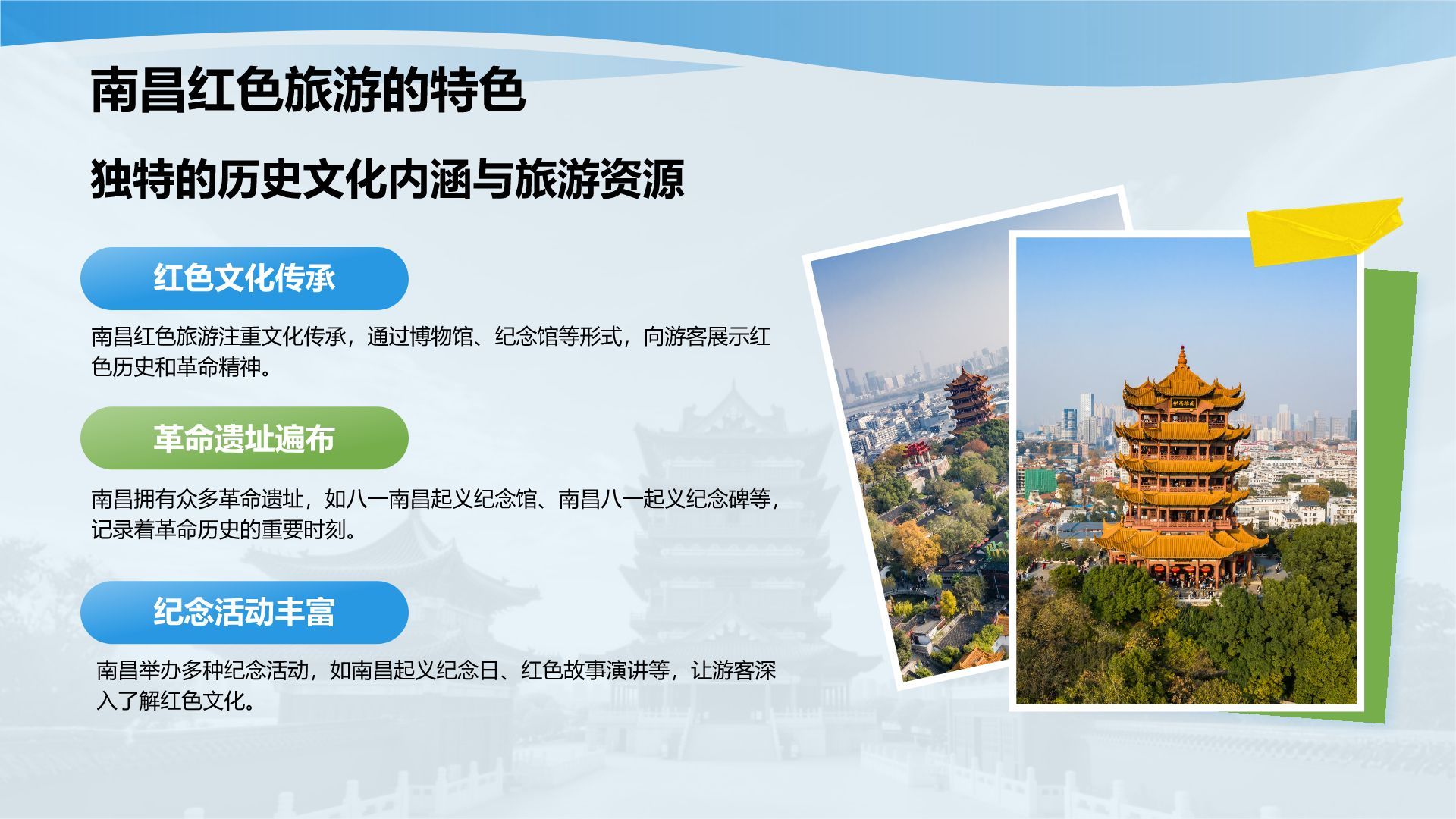 蓝色摄影风南昌红色旅游景点推荐PPT模板