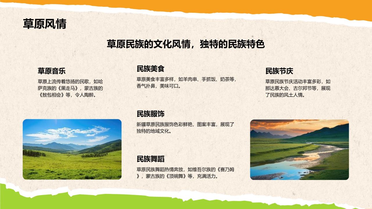 橙色摄影风新疆旅游计划:草原、沙漠与人文之旅PPT模板