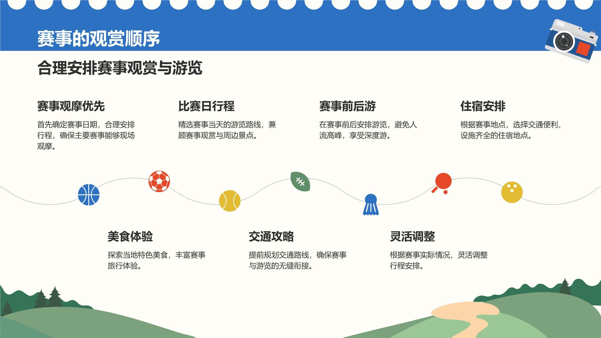 蓝色插画风体育赛事主题旅行路线推荐PPT模板