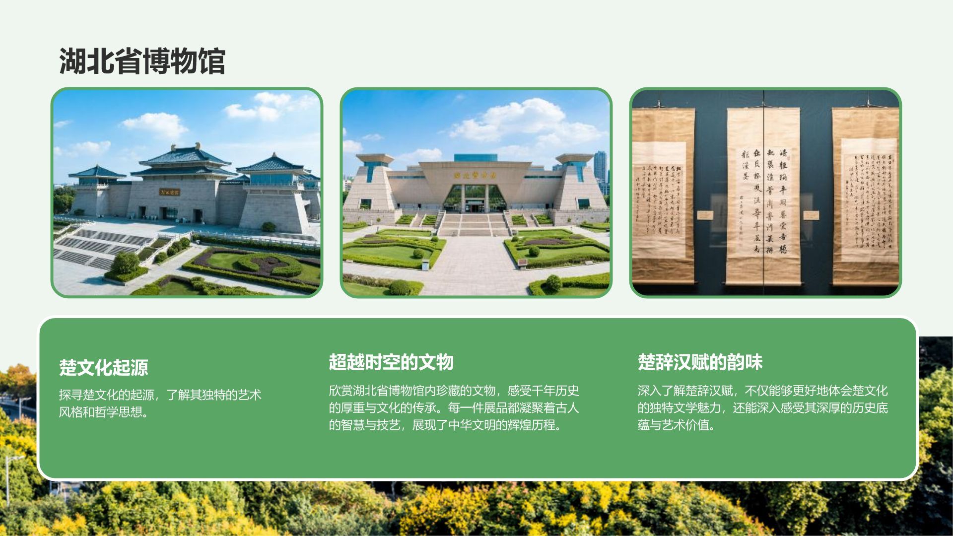 绿色摄影风武汉美食与文化体验旅行计划PPT模板