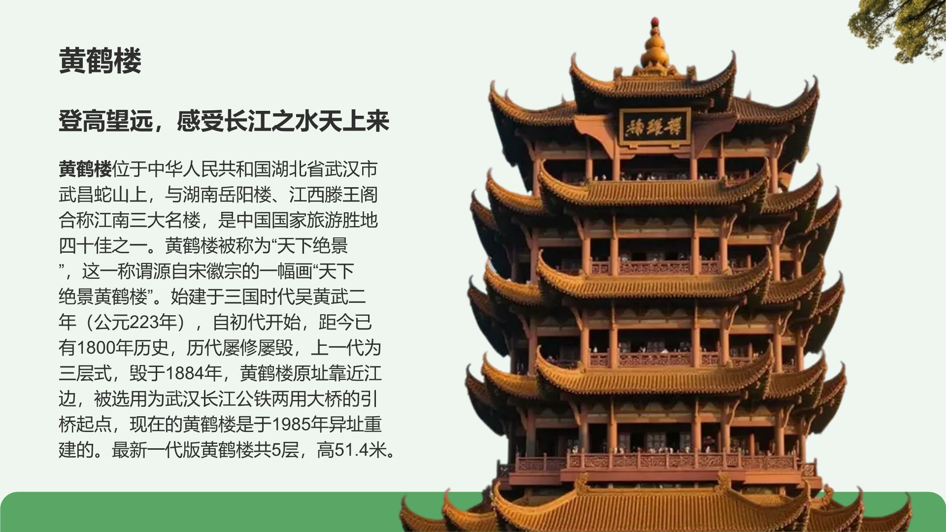 绿色摄影风武汉美食与文化体验旅行计划PPT模板