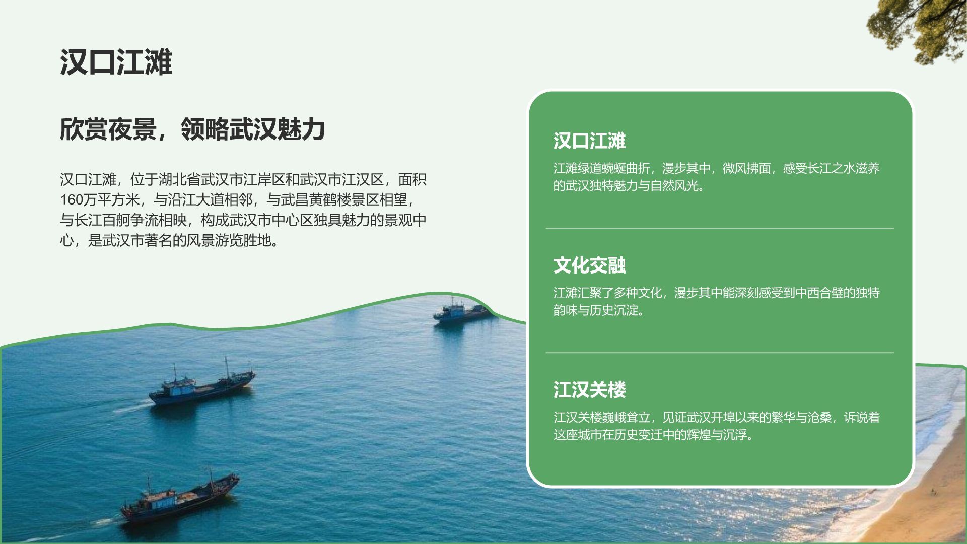 绿色摄影风武汉美食与文化体验旅行计划PPT模板