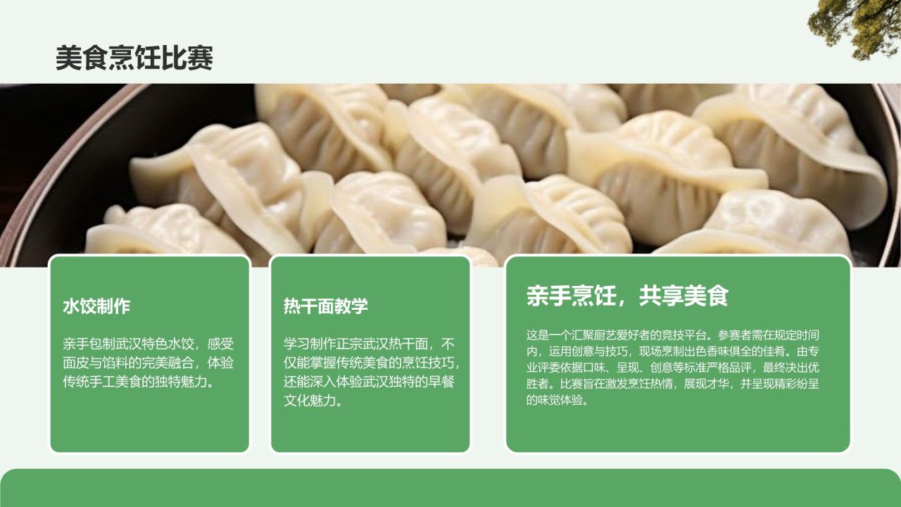 绿色摄影风武汉美食与文化体验旅行计划PPT模板