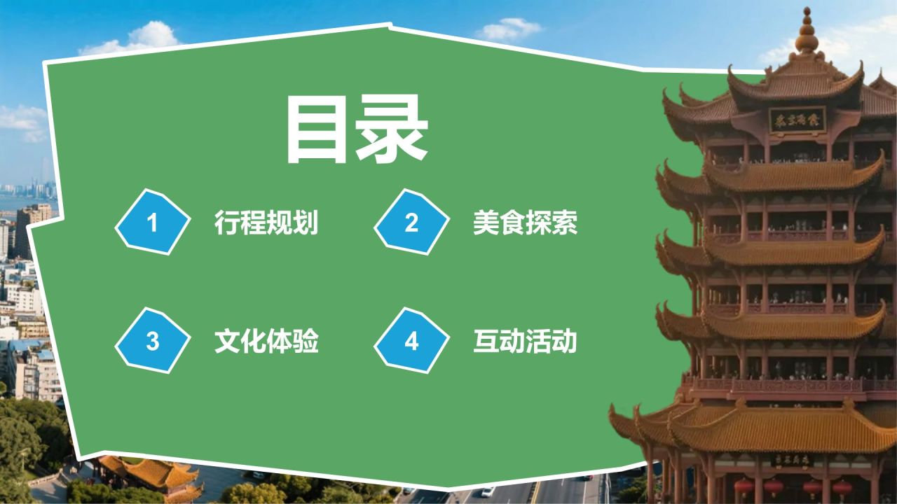 绿色摄影风武汉美食与文化体验旅行计划PPT模板