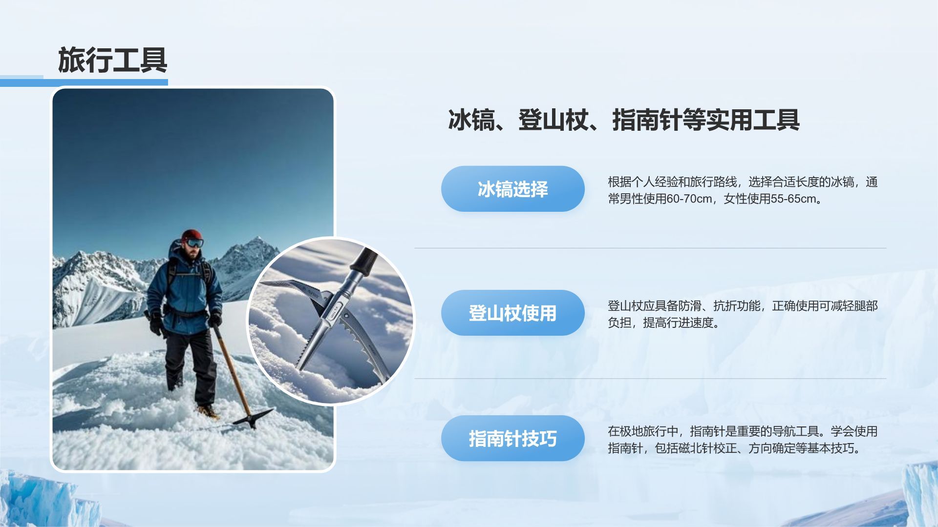 蓝色摄影风极地旅行必备知识与安全指南PPT模板