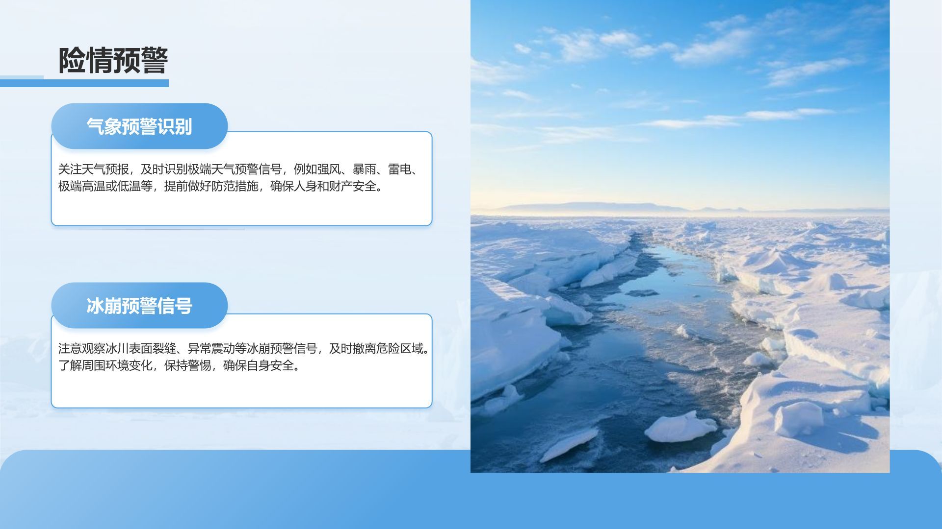 蓝色摄影风极地旅行必备知识与安全指南PPT模板