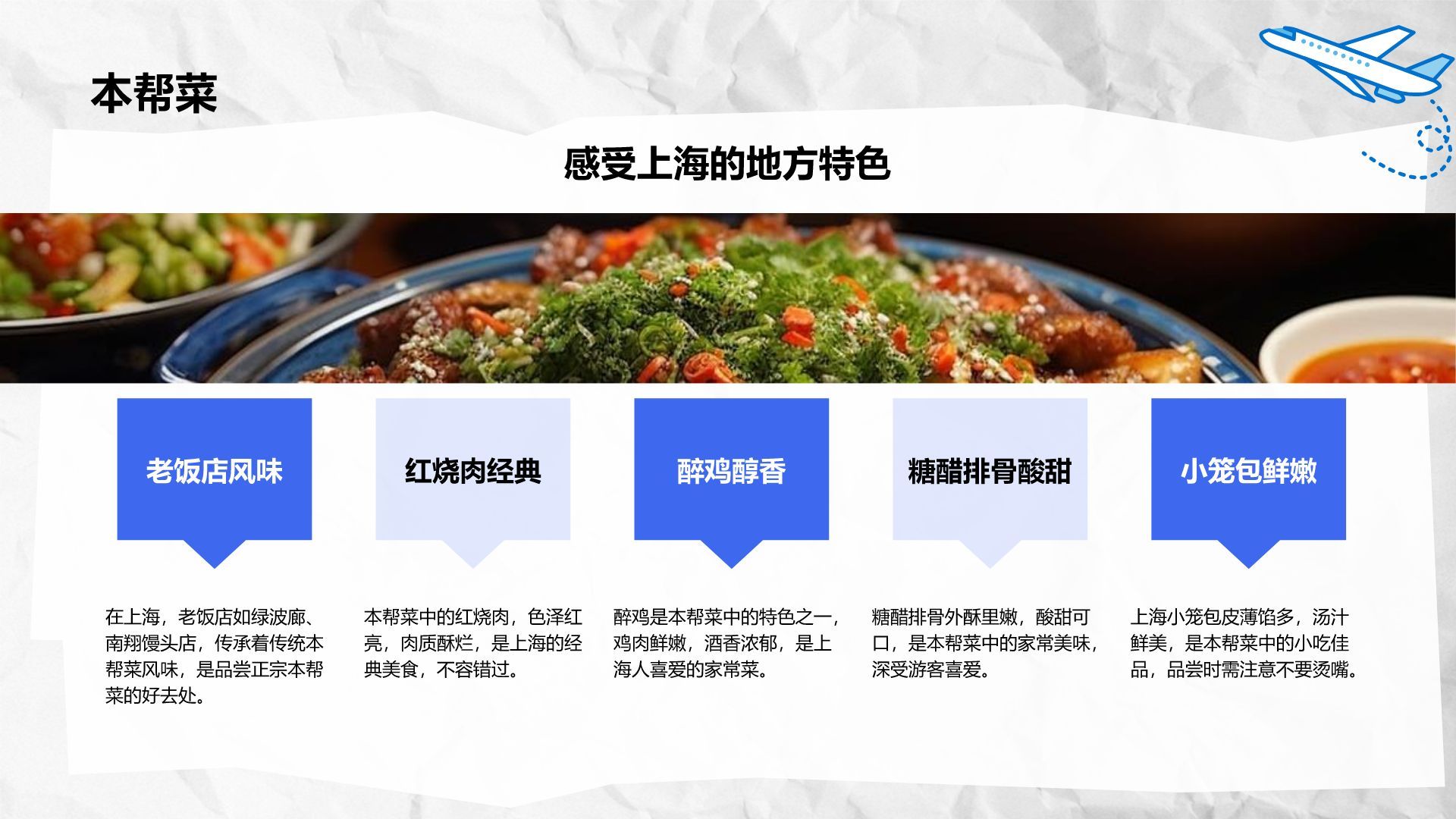 蓝色摄影风上海城市经典旅游路线推荐PPT模板