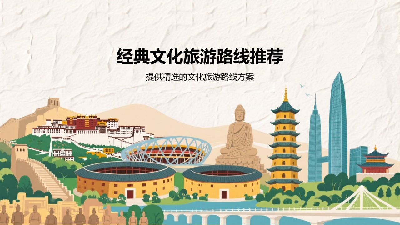 橙色插画风中国文化旅游经典路线推荐PPT模板