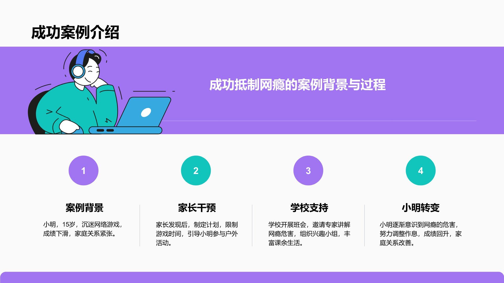 紫色插画风拒绝网瘾，健康成长主题班会PPT模板