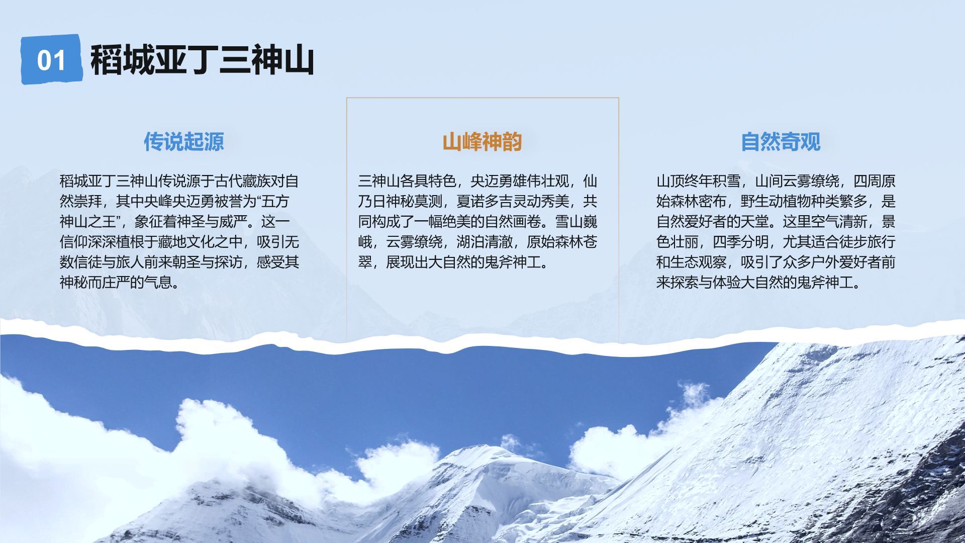 蓝色摄影风走进稻城亚丁：我的家乡秘境之旅PPT模板