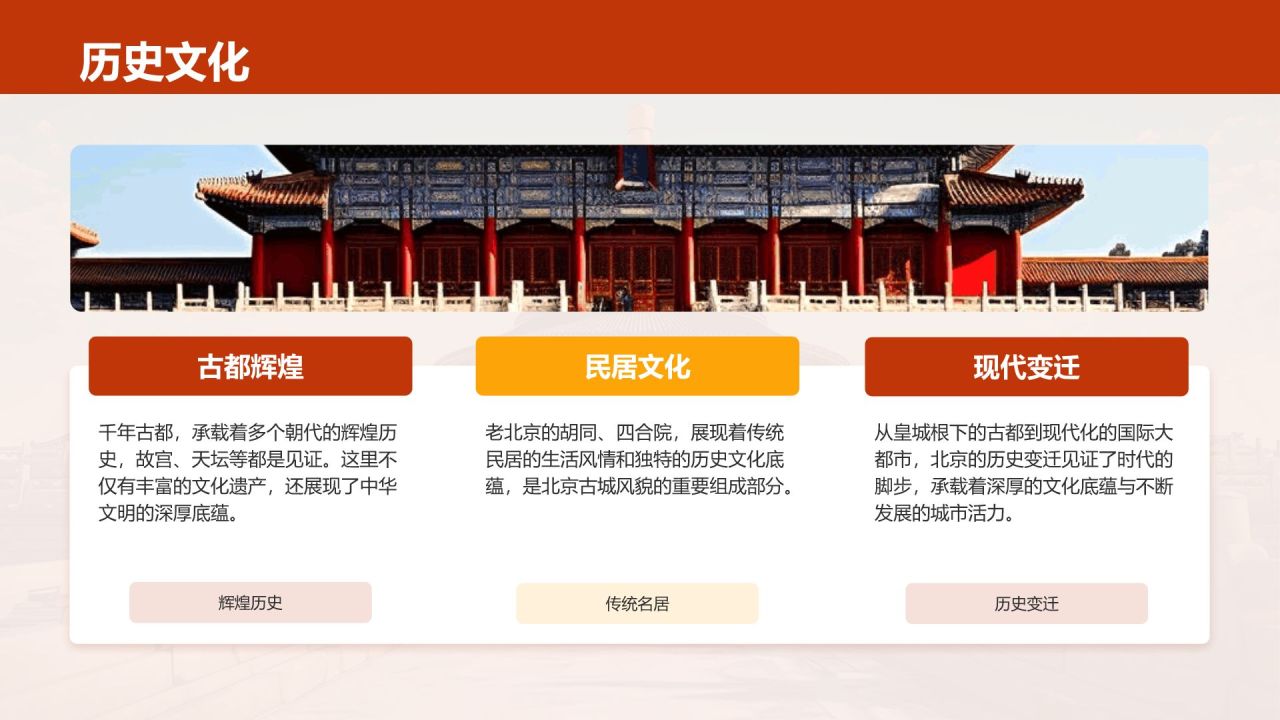 红色摄影风北京深度游路线推荐PPT模板
