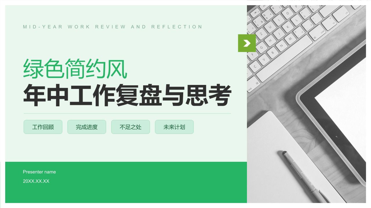 绿色简约风年中工作复盘与思考PPT模板