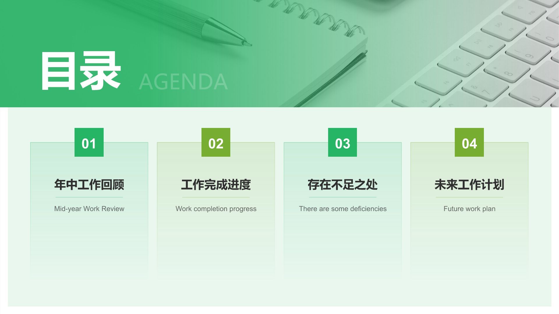 绿色简约风年中工作复盘与思考PPT模板