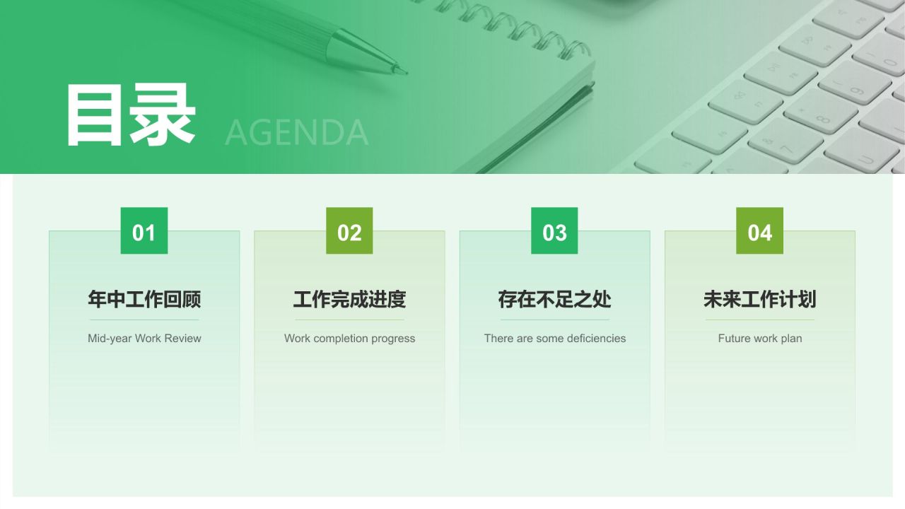 绿色简约风年中工作复盘与思考PPT模板
