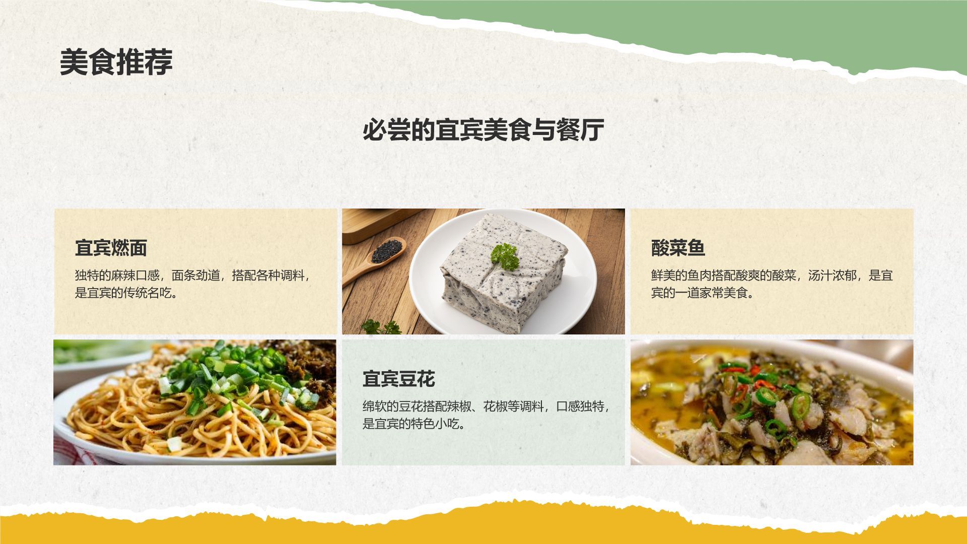 黄色摄影风宜宾美食与自然景观介绍PPT模板