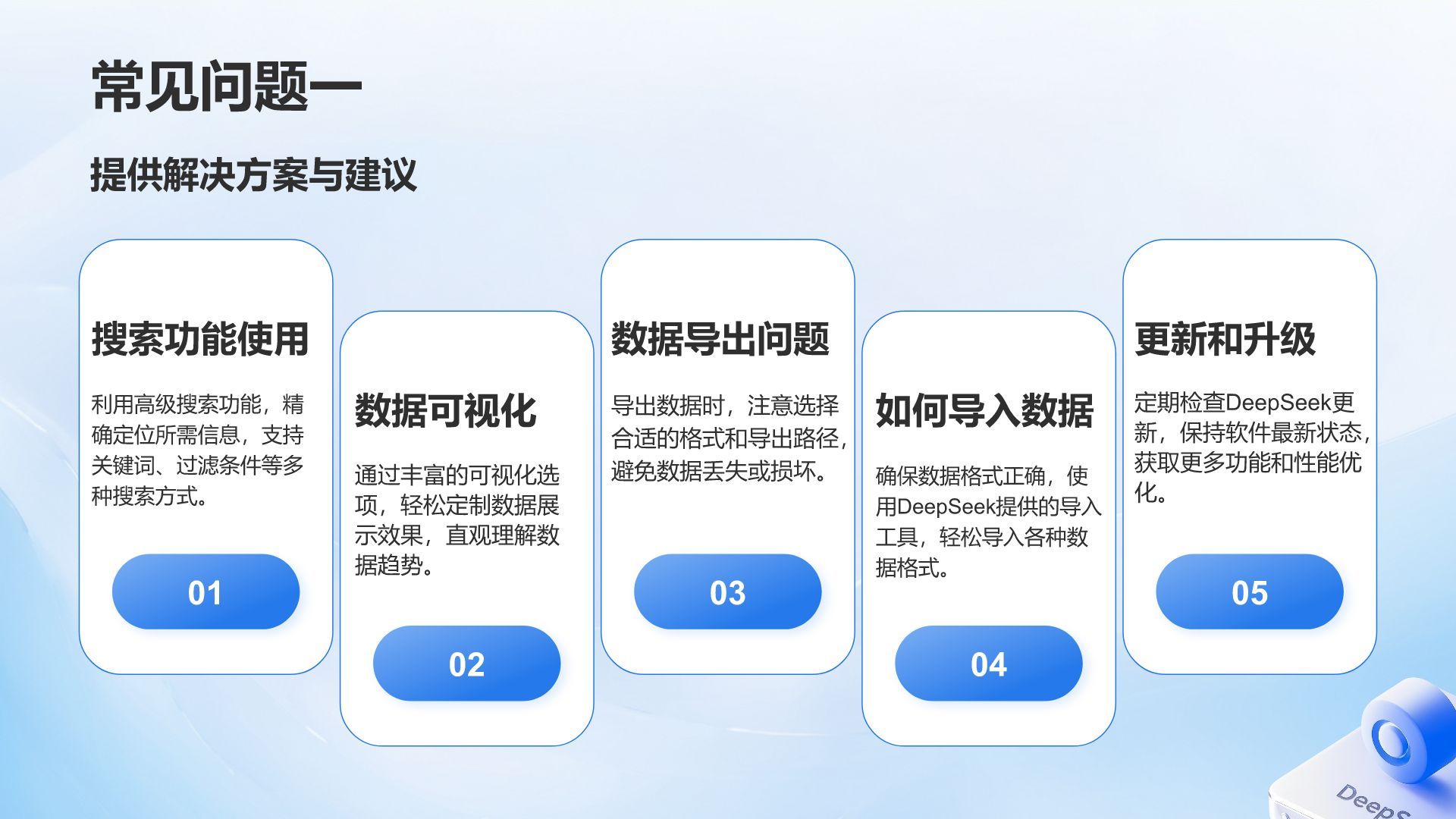 蓝色3D风DeepSeek入门教程与常见问题解答PPT模板