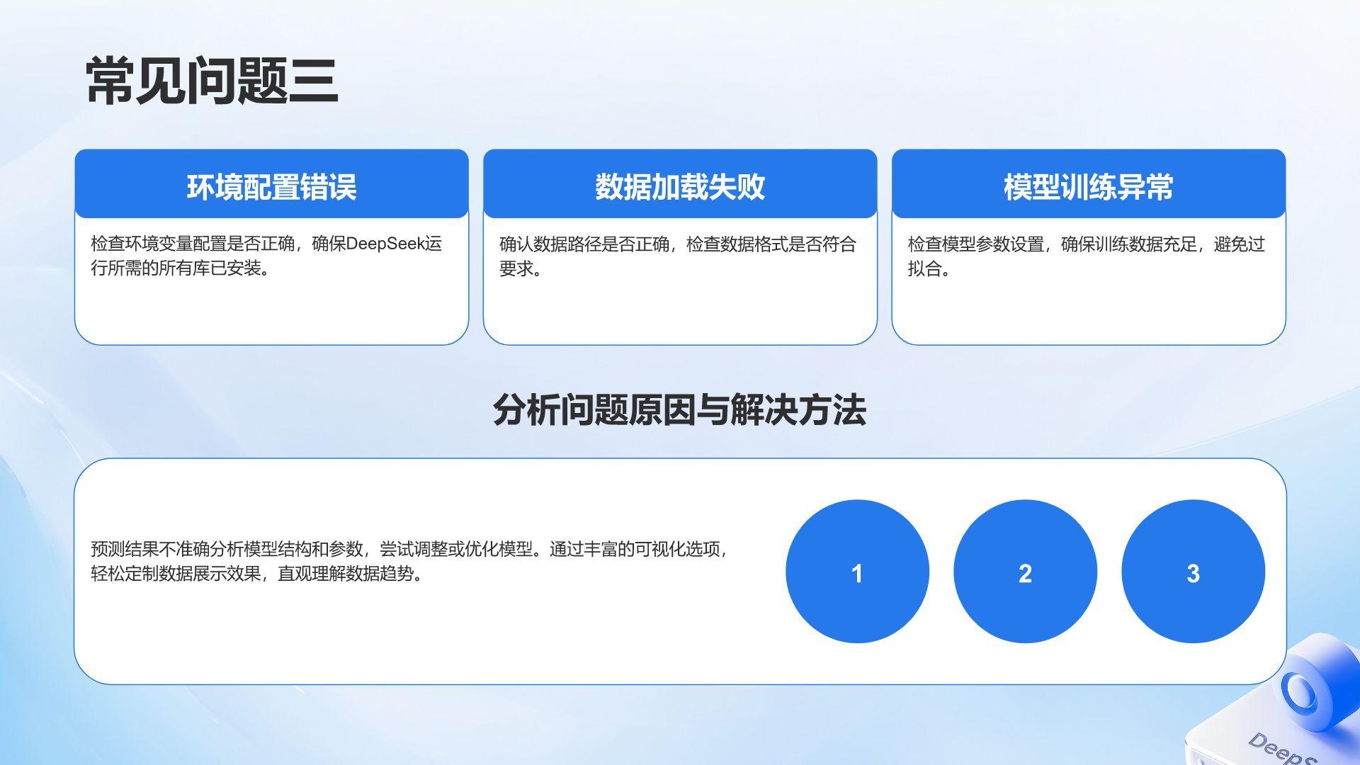 蓝色3D风DeepSeek入门教程与常见问题解答PPT模板