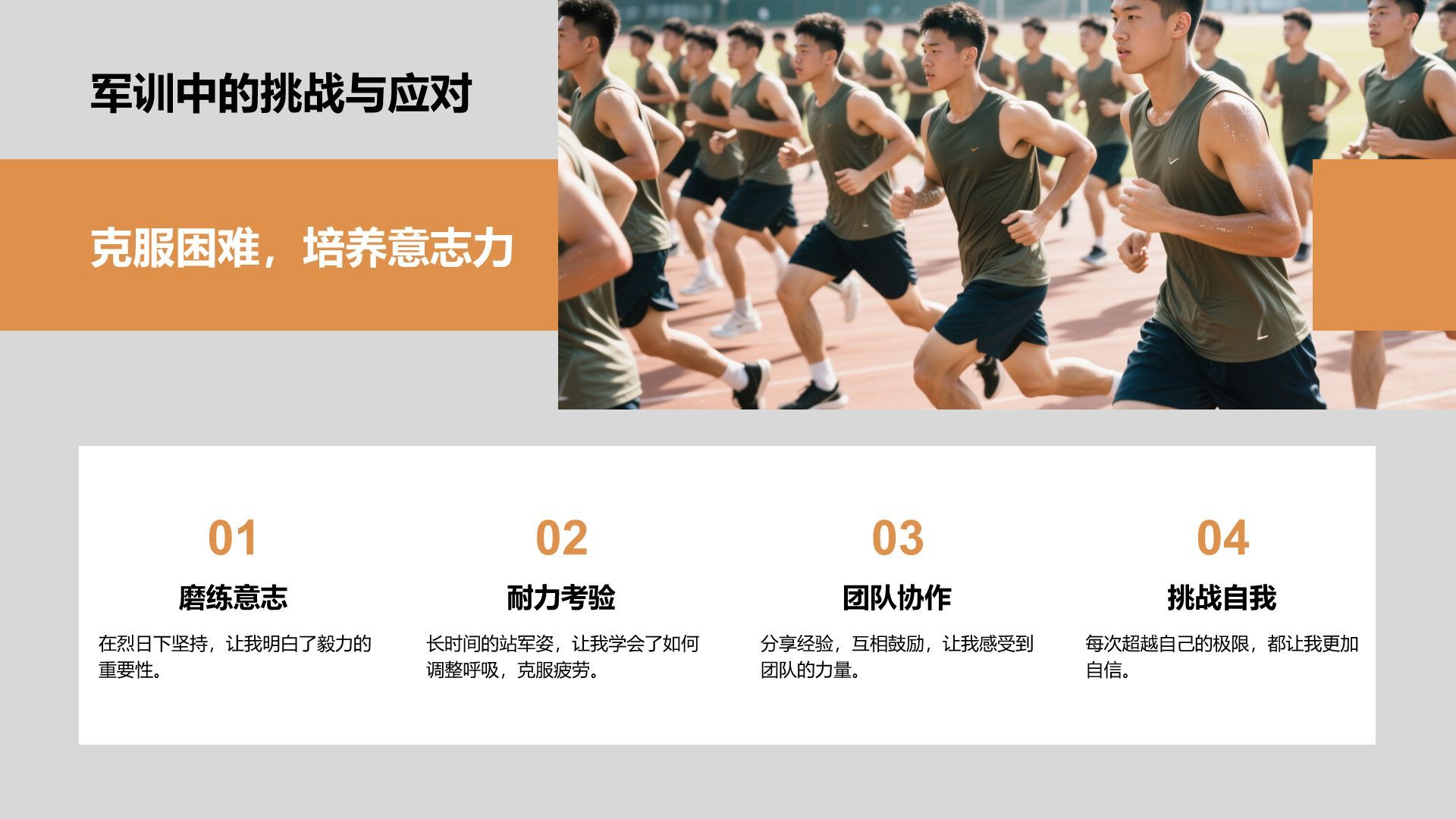 橙色商务风军训心得体会分享PPT模板