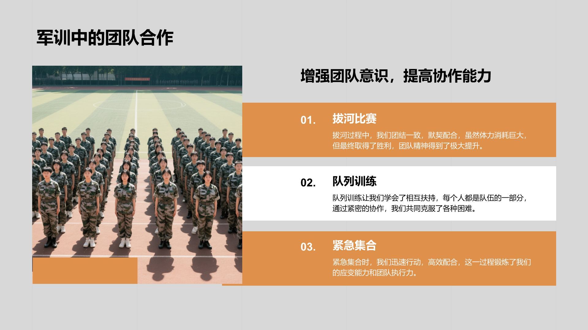 橙色商务风军训心得体会分享PPT模板