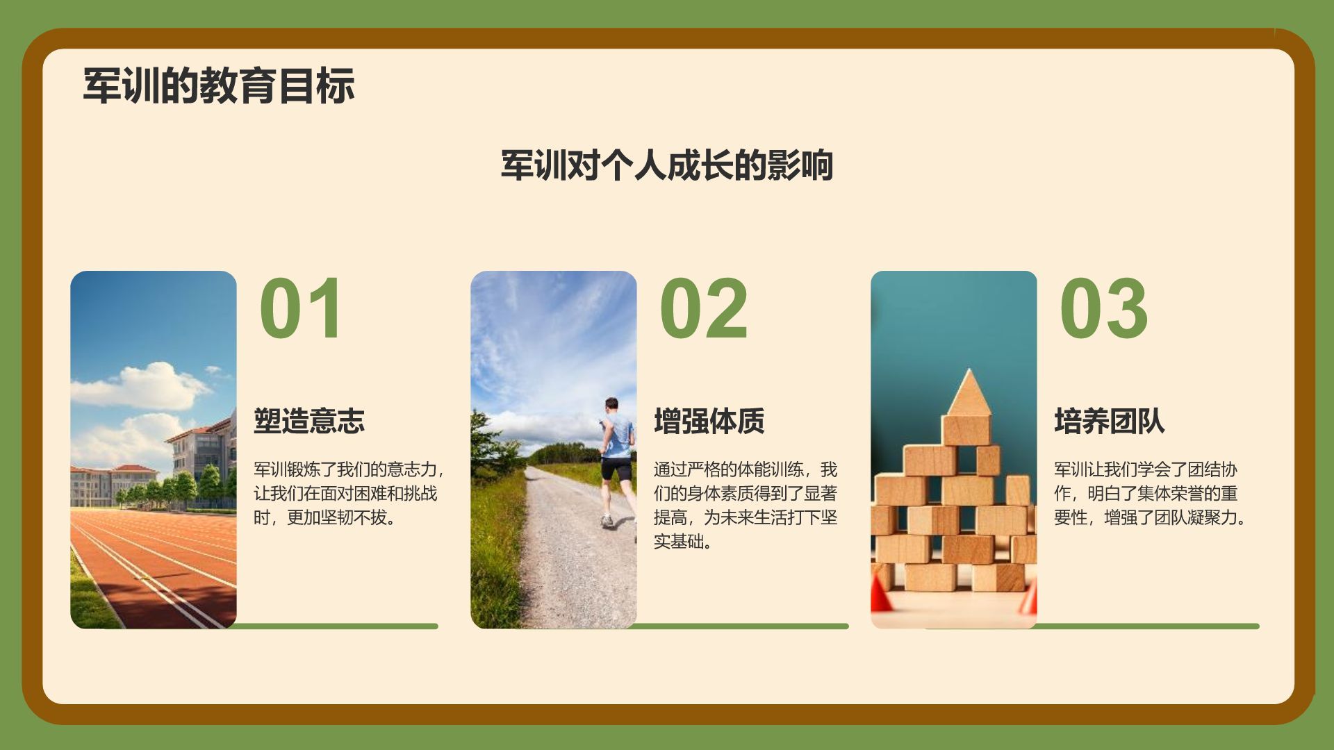 绿色3D风军训收获与成长汇报PPT模板