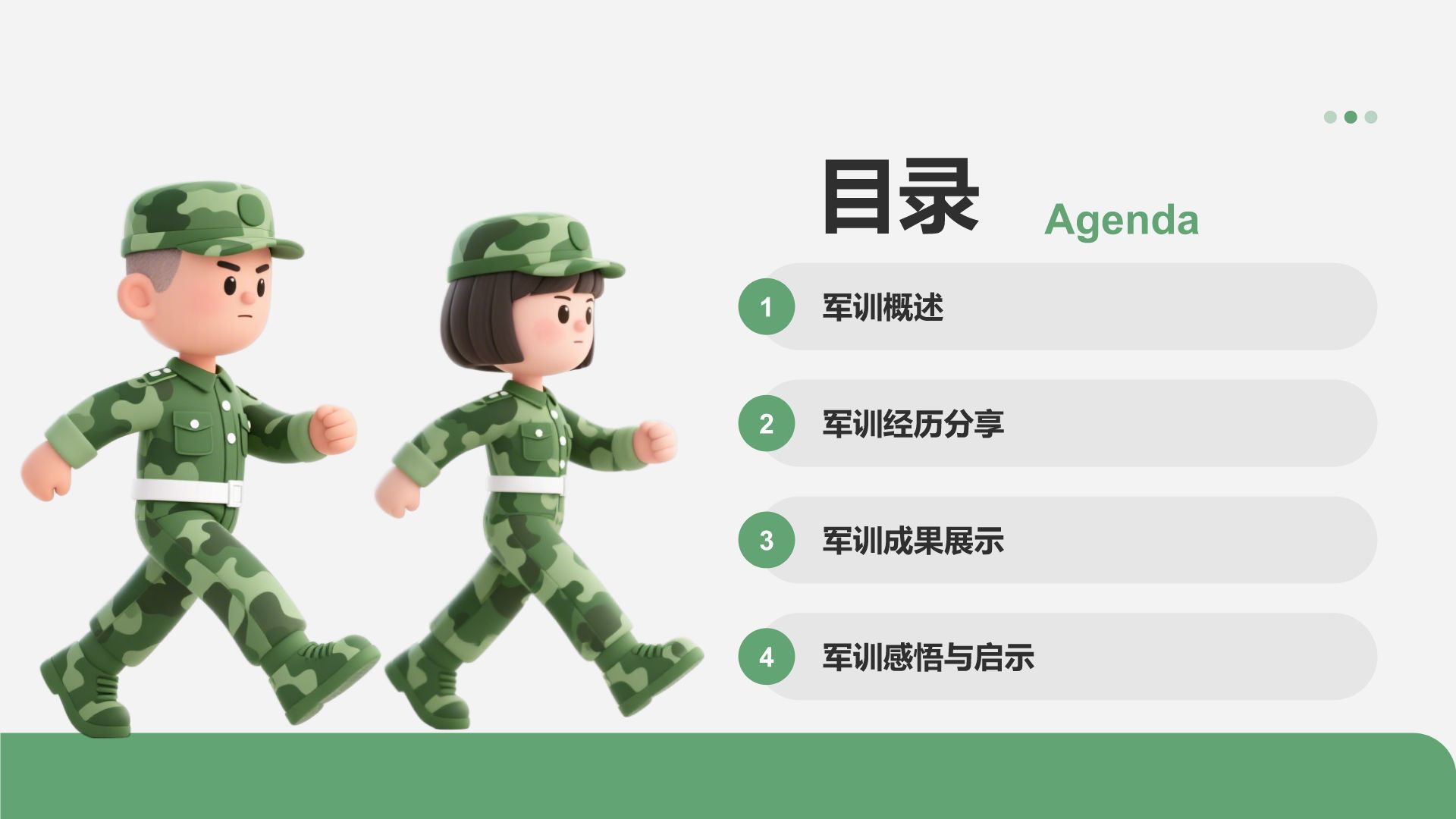 绿色3D风军训收获与成长汇报PPT模板