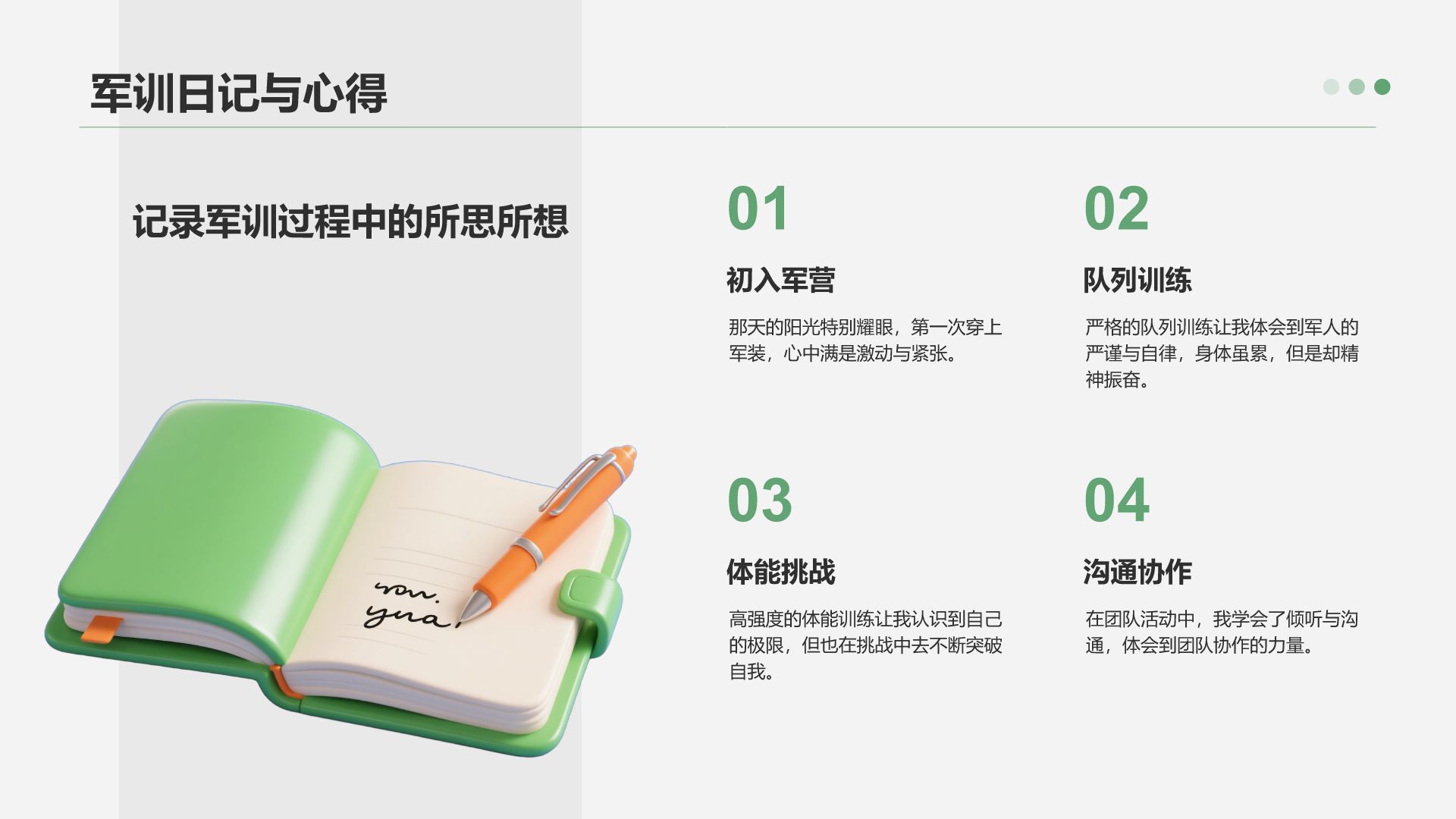 绿色3D风军训收获与成长汇报PPT模板