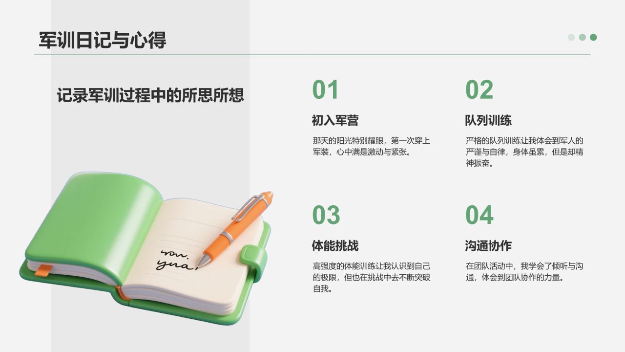 绿色3D风军训收获与成长汇报PPT模板