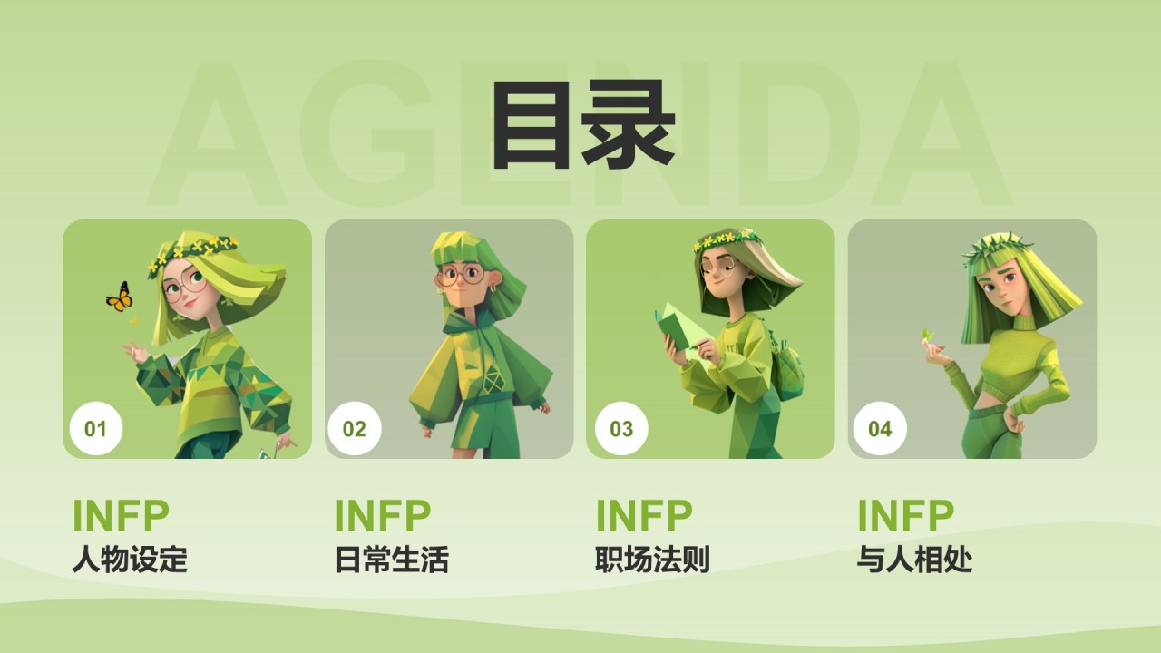 绿色3D风INFP人格介绍PPT模板