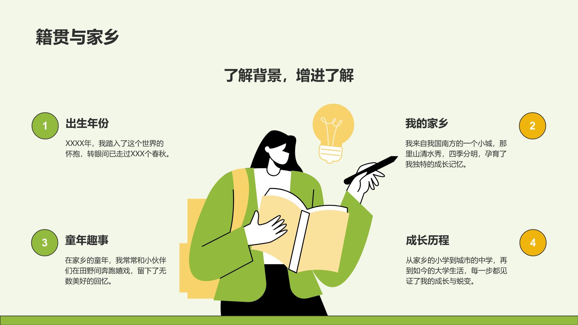 绿色插画风新生自我介绍PPT模板