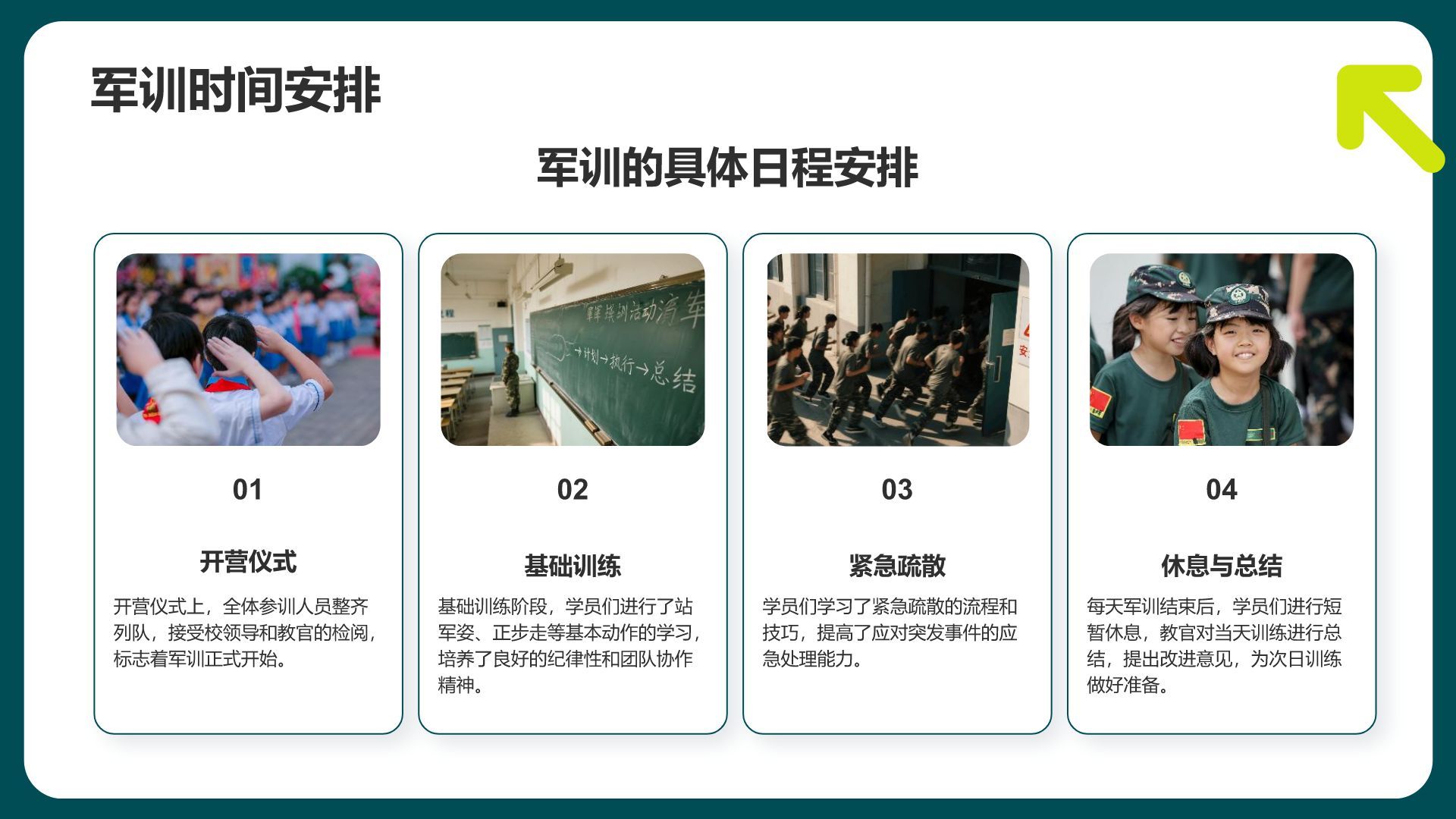 绿色商务风军训总结汇报PPT模板
