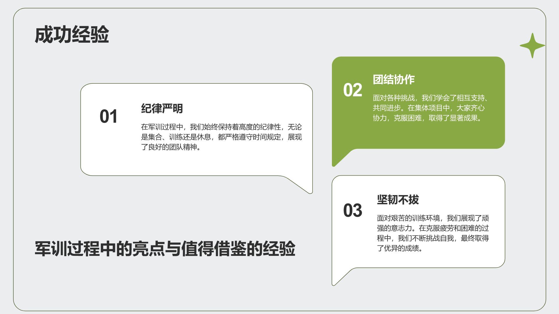 绿色商务风军训总结汇报PPT模板