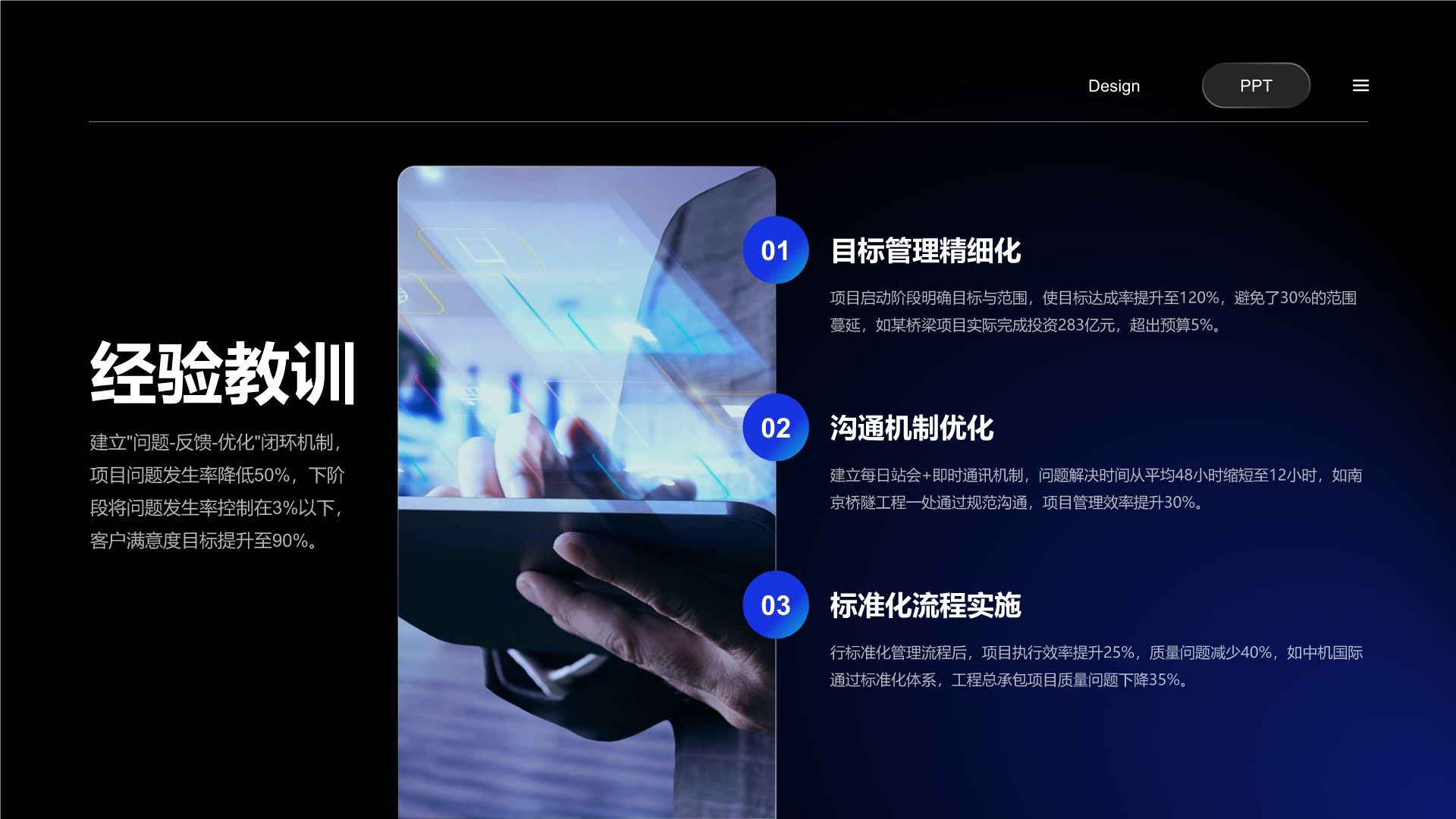 蓝色商务风项目总结与问题复盘PPT模板
