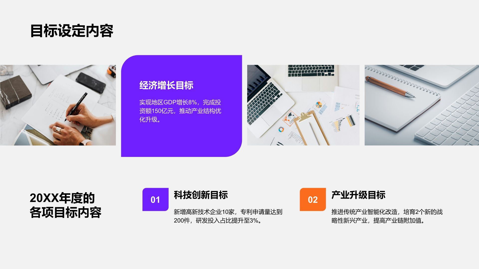 紫色商务风20XX年度目标完成情况总结PPT模板