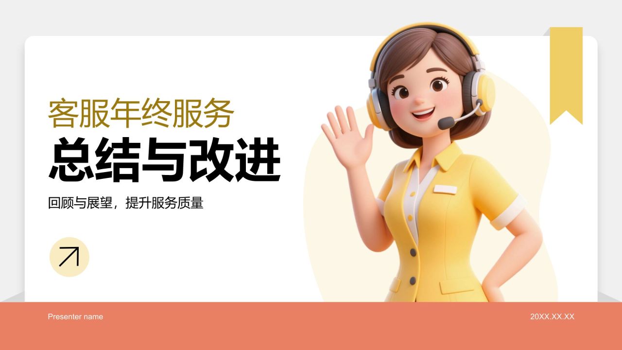 黄色3D风客服年终服务总结与改进PPT模板