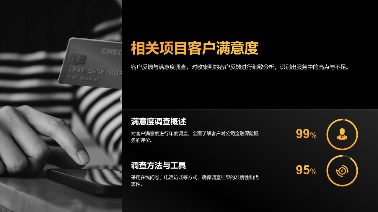 橙色黑金风金融保险行业年度绩效与服务汇报PPT模板