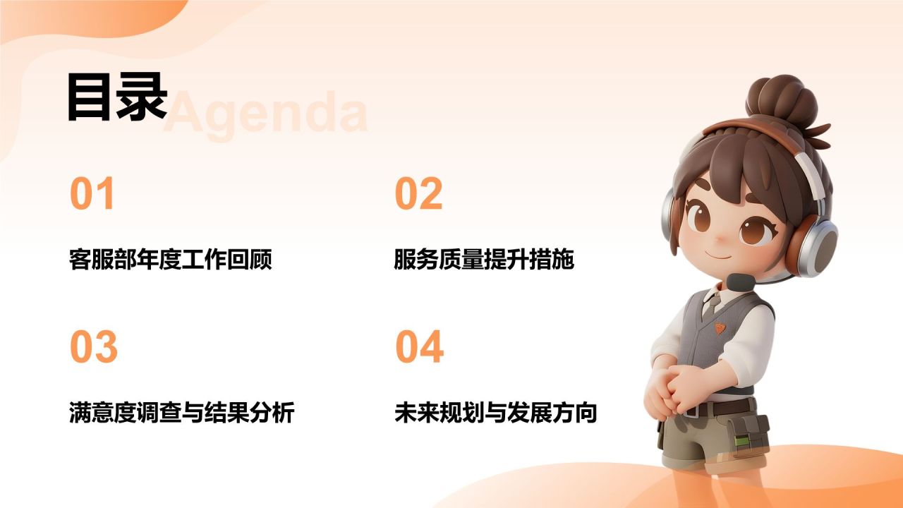 橙色3D风客服部年终服务质量与满意度汇报PPT模板