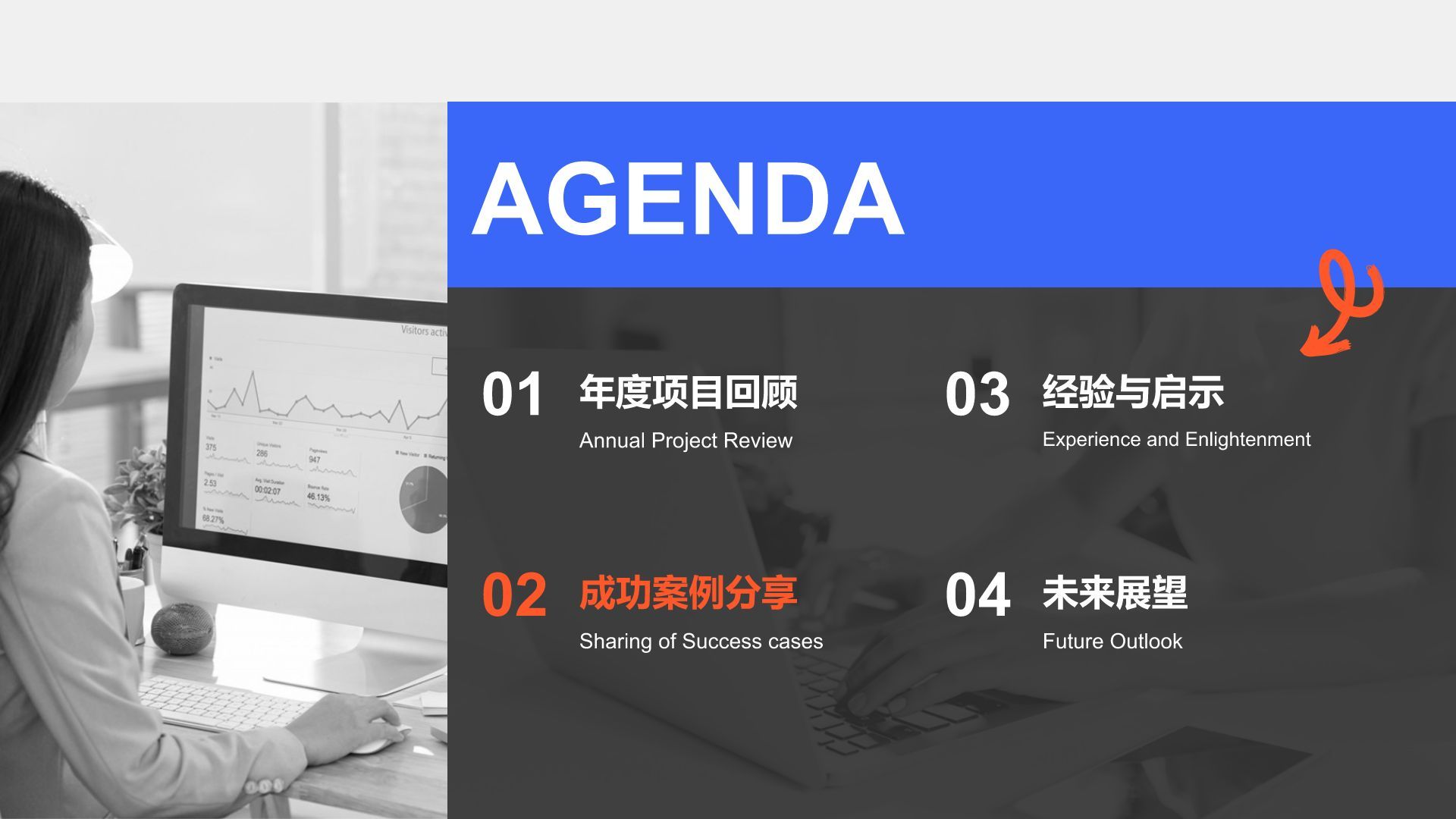 蓝色商务风年终项目成果与经验总结PPT模板