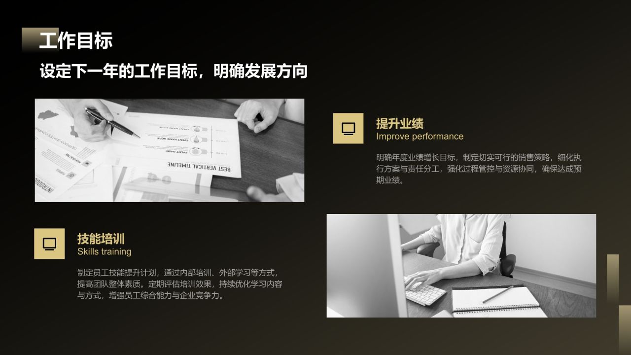 黄色黑金风岗位职责年终工作总结PPT模板