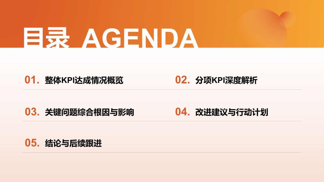 橙色简约风企业关键KPI达成率分析报告PPT模板