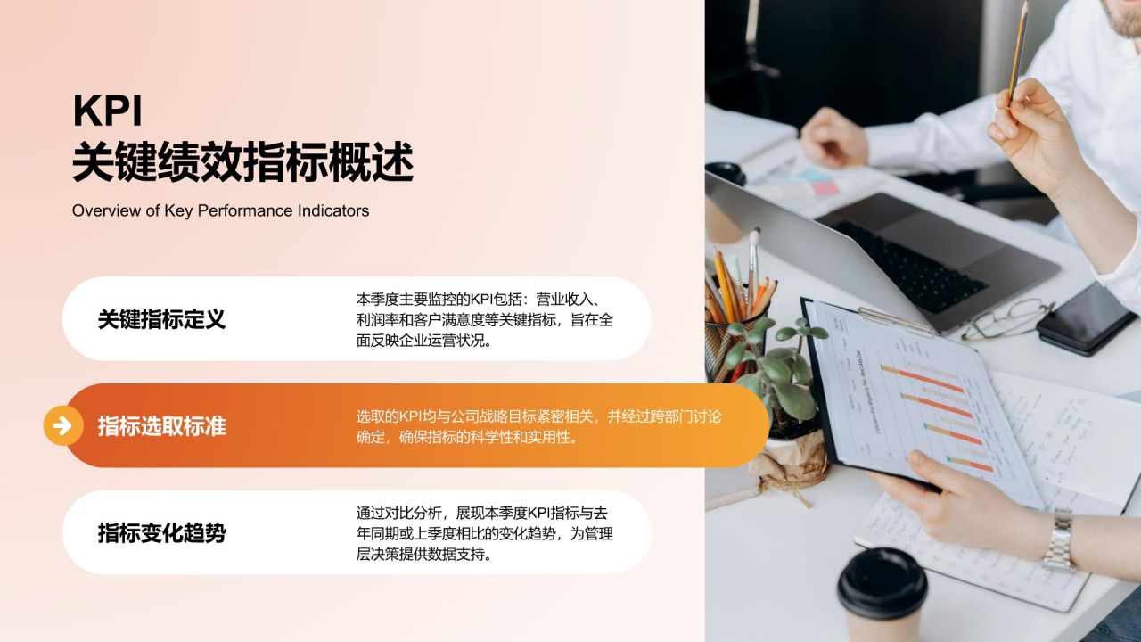 橙色简约风企业关键KPI达成率分析报告PPT模板