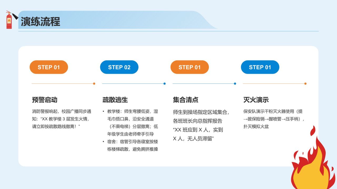 蓝色插画风校园消防应急演练方案PPT模板