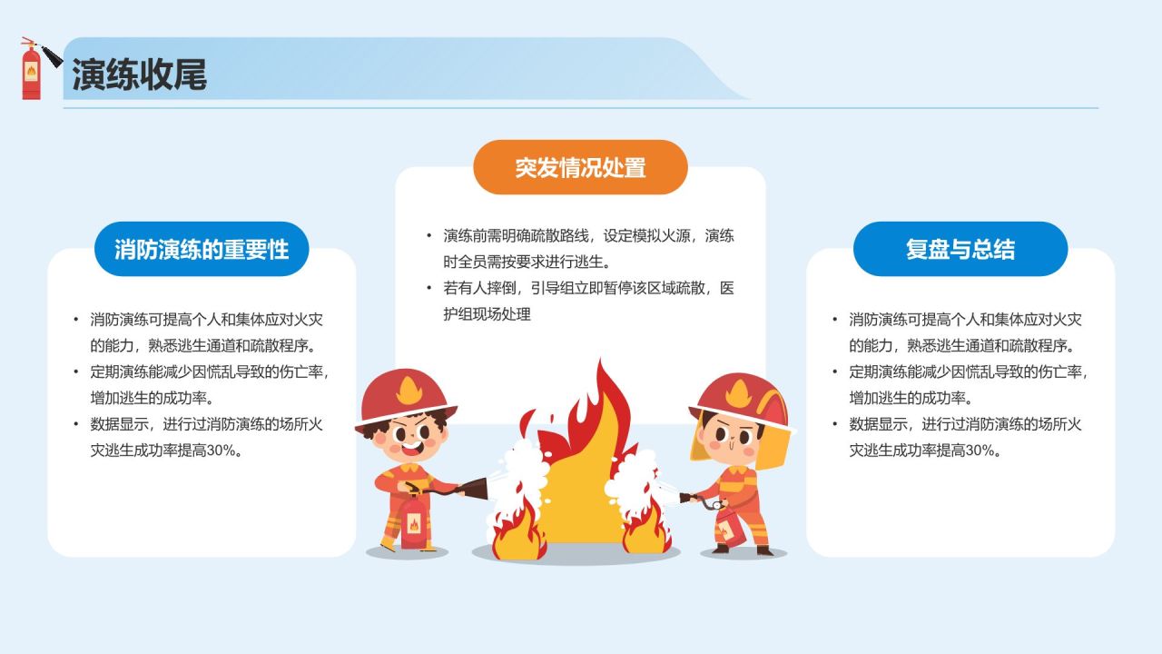 蓝色插画风校园消防应急演练方案PPT模板