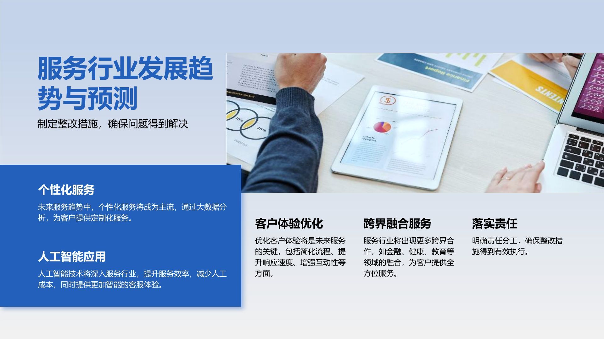 蓝色商务风客服部年终服务质量与满意度汇报PPT模板